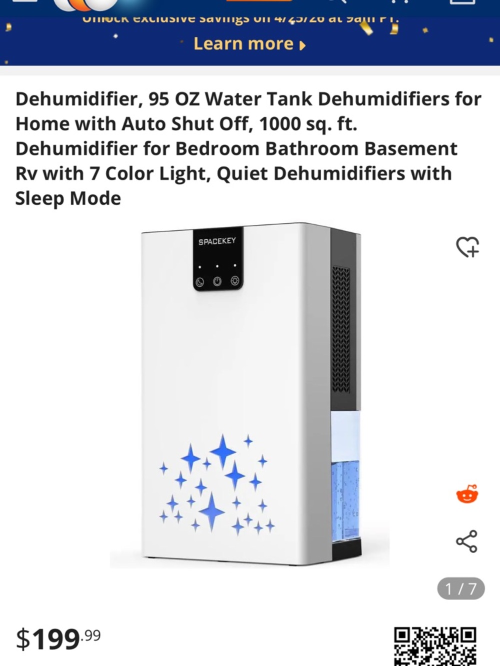 SPACEKEY 95 oz White Dehumidifier with 7-Color Light, Auto Shut-Off